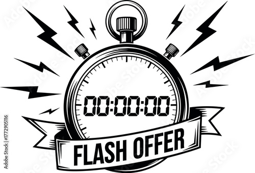 A stopwatch with a banner proclaiming "FLASH OFFER" symbolizes urgent deals and limited-time promotions.