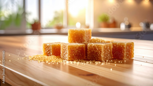 golden brown sugar cubes and granules on a wooden surface.