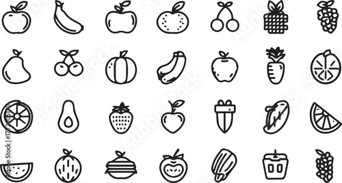 Fruits and Vegetables Line Art Icons Set — Minimal Black Outline Vector Collection