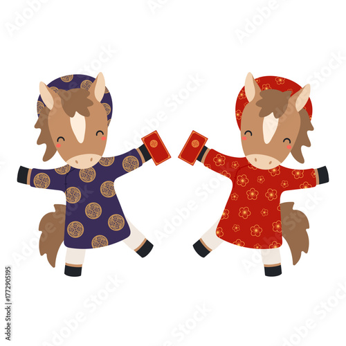 Cute horses girl, boy in ao dai, holding red envelope isolated on transparent. Hand drawn flat vector illustration. 2026 Vietnamese New Year zodiac sign, design element. Cartoon character clip art