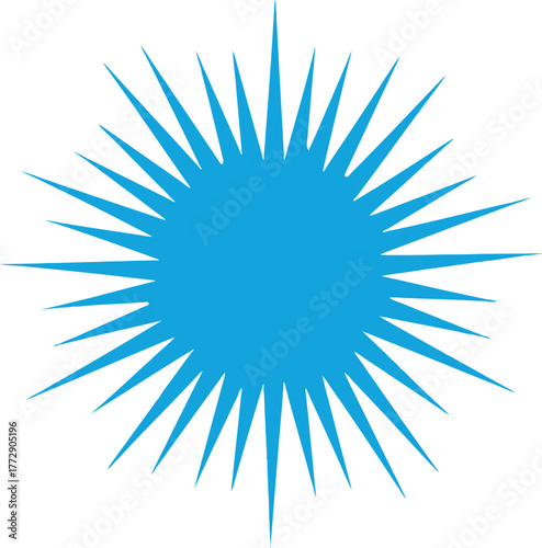 A bright blue sunburst graphic on a white background represents energy and light.