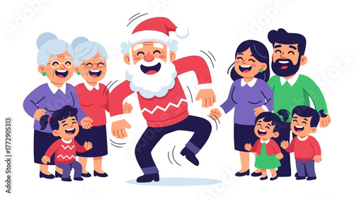 Joyful Family Celebration: Illustrative image of a merry holiday scene depicting a family gathering, featuring a jolly person dancing in front of an elderly couple, a couple with two children.