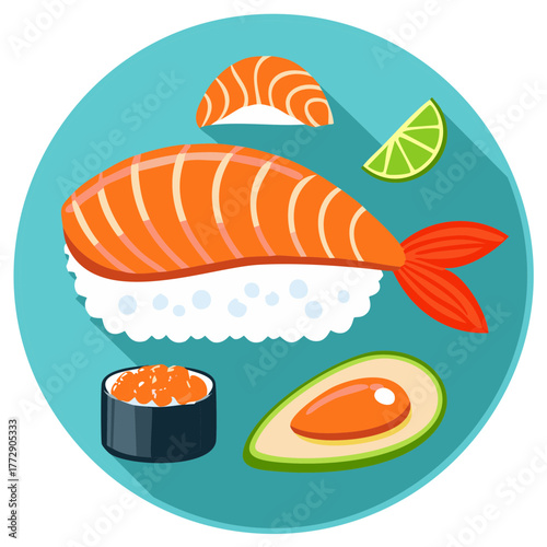 Japanese Salmon Sushi Nigiri Avocado Lime Ikura Roe and Sushi Roll