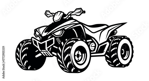 A powerful all-terrain vehicle (ATV) with large, knobby tires and a sleek design is depicted in a black and white illustration, ready for off-road adventure.