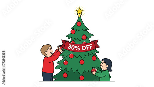 Festive Discount: Joyful figures adorn a Christmas tree with decorations, a banner boldly proclaiming a 30% discount, signaling the cheerful onset of holiday savings.