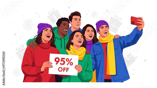 Winter Friends Selfie with Discount Offer: A group of diverse friends bundled up for winter, capturing a selfie while advertising a 95% off sale, with gift boxes, snowflakes background. 