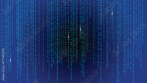 Binary numbers fall like digital rain on a blue background. Futuristic cyber stream, abstract tech pattern, software code, matrix effect and information security design. Vector illustration