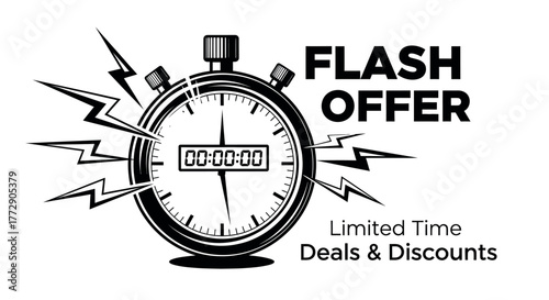 A stopwatch with 'FLASH OFFER' and 'Limited Time Deals & Discounts' text, symbolizing urgency and sales.