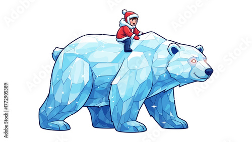 Winter Explorer's Adventure: An illustration of a whimsical scene with a child joyfully riding on the back of a majestic, icy polar bear, exuding a sense of wintertime wonder and adventure.