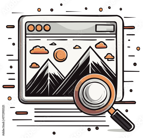 Image search and analysis concept with a magnifying glass inspecting a digital mountain landscape photo