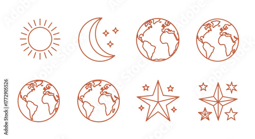 A collection of simple line art icons depicts the sun, moon, stars, and globes, representing celestial bodies and Earth.
