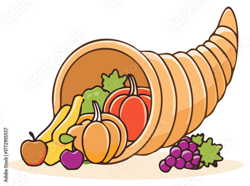 Cornucopia of Fruits and Vegetables Illustration, Horn of Plenty Filled with Pumpkins, Bananas, Apples, and Grapes