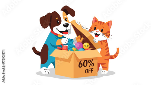 Joyful Pets with Discount: A cheerful dog and a playful cat gleefully unveil a box overflowing with toys, all while a tempting discount offer. This artwork encapsulates the pure joy of pets.