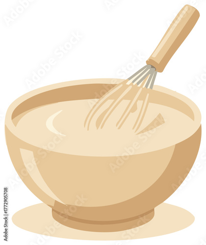 Bowl of batter being mixed with a whisk, culinary preparation in flat design