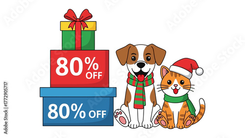Festive Pet Sale: A charming illustration depicts a playful pup and a cute kitten adorned in festive holiday attire, celebrating a seasonal sale with gift boxes stacked high with generous discounts. 