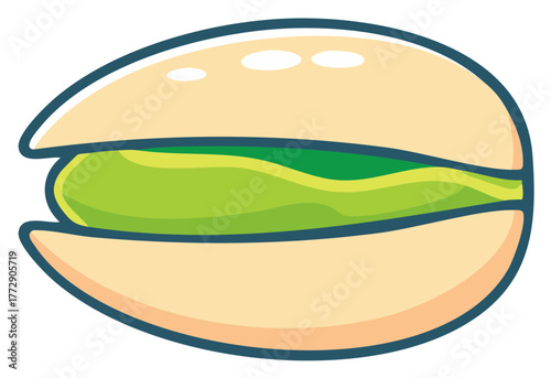 Stylized cartoon pistachio nut with green kernel and tan shell isolated on white