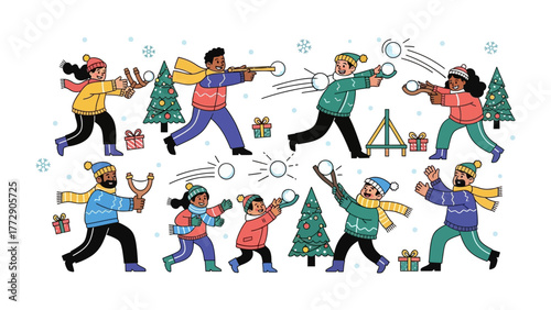 Winter Fun: Lively group of diverse individuals engage in a joyous snowball fight amidst a snowy landscape, exuding the spirit of winter play.