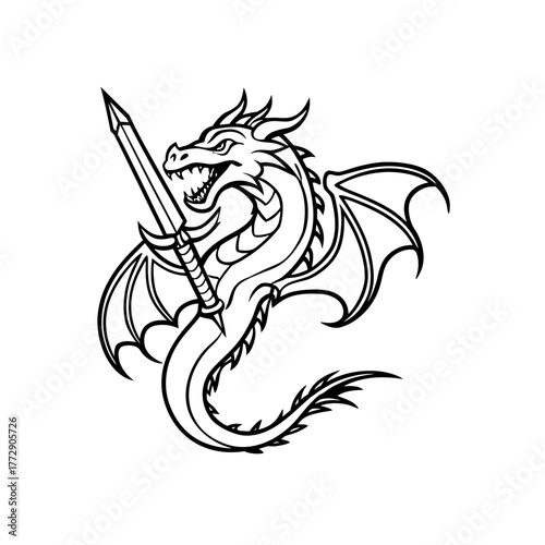 Dragon holding sword outline art on transparent background