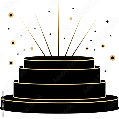 Black tiered cake-like structure with gold accents and fireworks