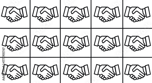 A grid of fifteen hand-drawn icons representing handshake agreements, symbolizing partnership, trust, and successful business collaborations.