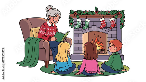 Storytime by the Fireplace: A cozy holiday scene unfolds as a warm-hearted grandmother captivates a group of children with a captivating story.