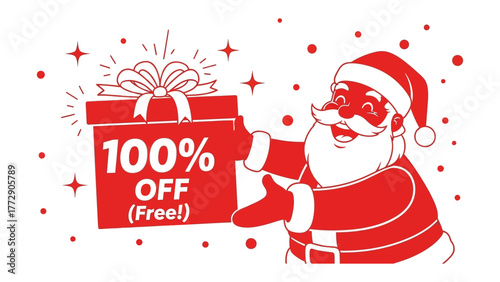 Holiday Discount Announcement: joyful Santa offers a gift box with a 100% off promotion. The image celebrates holiday deals with cheerful festive vibes.