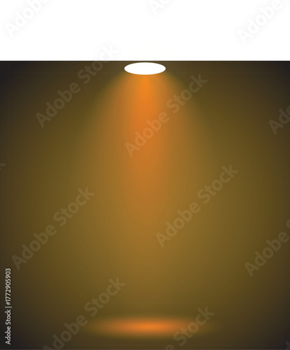 Dark orange gradient background with a bright white spotlight emitting orange light beam stage
