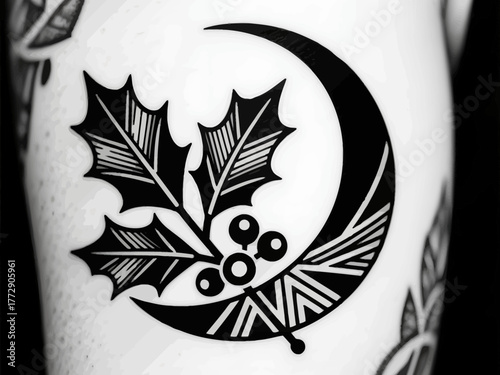 Bold black holly and crescent moon tattoo design evokes winter solstice magic and festive spirit