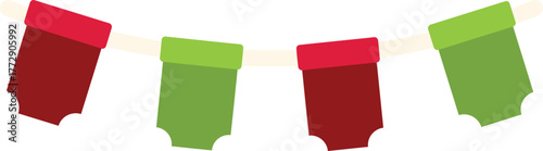 Red and green christmas garland flags hanging on a white rope, adding a festive touch to holiday decorations