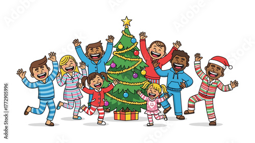 Festive Gathering by the Tree: A cheerful group of people in pajamas gathers around a decorated tree, radiating joy and excitement. Evoking feelings of togetherness, celebration.