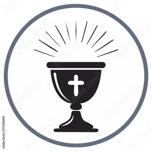 Elegant Chalice Depiction with Cross Embellishment and Radiant Light Rays in Circular Frame Symbolism for Christianity