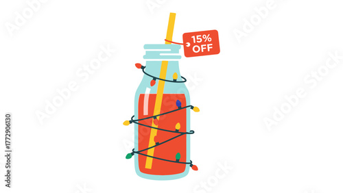 Festive Drink Promotion: A vibrant illustration showcases a refreshing drink adorned with celebratory lights, featuring a enticing discount tag.