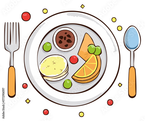 Illustration of a Plate with Food, Fork, and Spoon