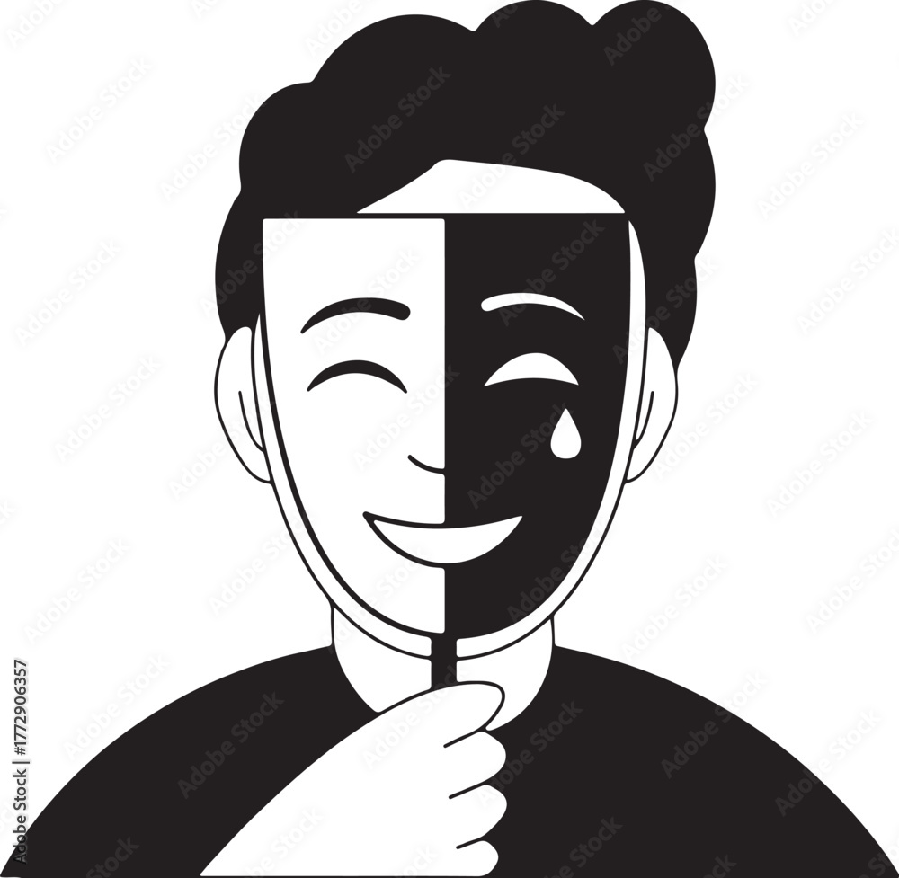 Fototapeta premium The Mask We Wear Hiding Sadness Behind a Smile Emotional Duality