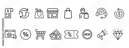 Shopping icon set. Shop, shopping bag, refund, discount, coupon, promotion, quality symbol. vector illustration.