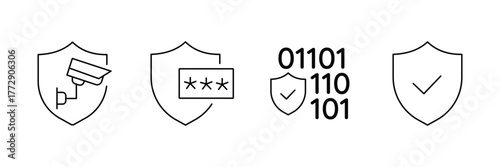 Security shield camera, shield password lock, shield data binary, shield verification check icon set, protection vector illustration, minimal symbol art.