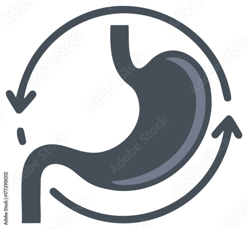 Graphic of a stomach with circular arrows indicating digestion or process flow