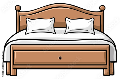 Inviting Bedroom Illustration Featuring Double Bed with Pillows and White Linens