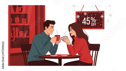 Cozy Coffee Date: A warm scene of a couple enjoying coffee in a cozy cafe, surrounded by a festive winter atmosphere. A sign on the wall announcing discount.