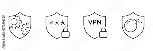 Gear shield setting, password lock security, VPN protection, bomb threat shield icon set, system safety vector illustration, minimal digital secure.