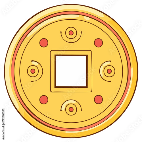 Chinese Coin Drawing Depicting Wealth and Fortune Symbol with Square Hole