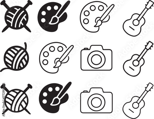 Isolated hobbies icon set, leisure craft creative personal interest symbols, editable hobby vector art, activity icons for art, DIY and lifestyle buyers