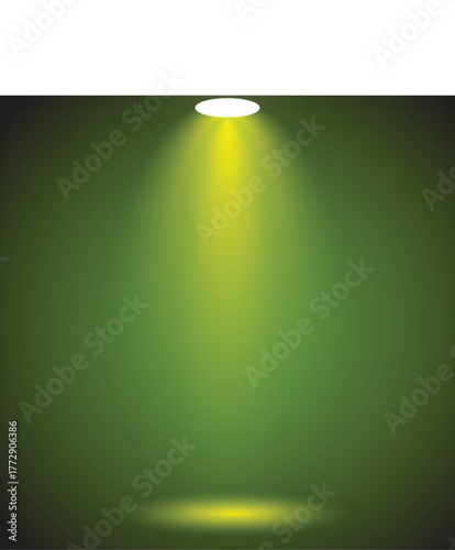 Green gradient background with a bright white spotlight emitting yellow light beam stage