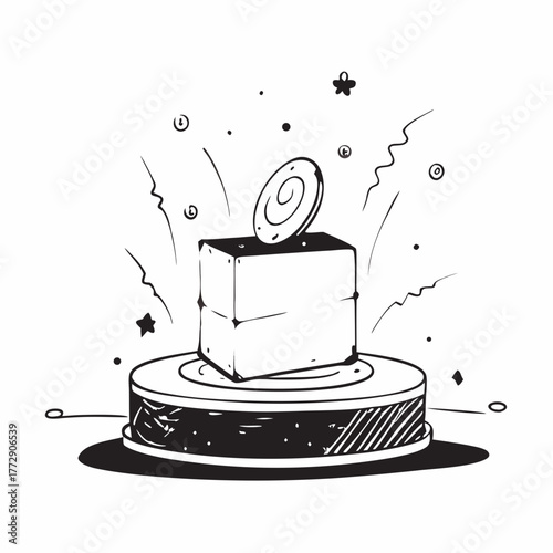 Hand drawn coin on pedestal with celebratory elements Keywords: coin, money, currency, pedestal