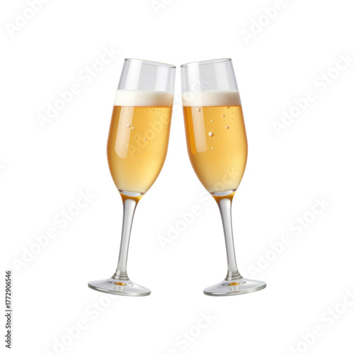 two champagne flutes, tilted rims, sparkling bubbles, clinking moment, celebration mood, slender stems, elegant toast, festive sparkle 3D Icon – Glossy Minimal Emoji Style, Isolated PNG object