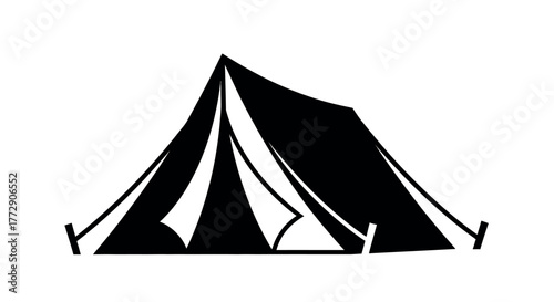 A simple black silhouette of a camping tent stands against a white background, symbolizing outdoor adventure and temporary shelter.