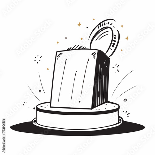 Hand drawn award on pedestal with golden sparkles Keywords: award, trophy, pedestal, podium