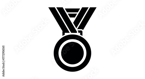 A black and white silhouette of a medal hangs from a ribbon, symbolizing achievement and victory.