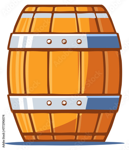 Simple cartoon illustration of a vintage wooden barrel with metal hoops for storing wine or beer