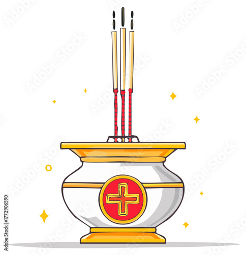 Traditional Asian Incense Burner with Glowing Joss Sticks and Auspicious Symbol Design